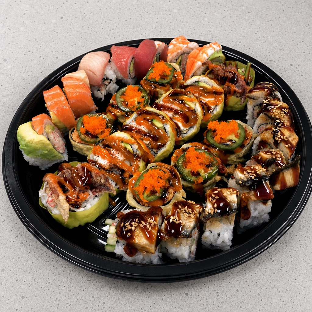 P3 (1 Rainbow Roll, 1 Volcano Roll, 1 Dragon Roll, 1 Shamrock Roll).