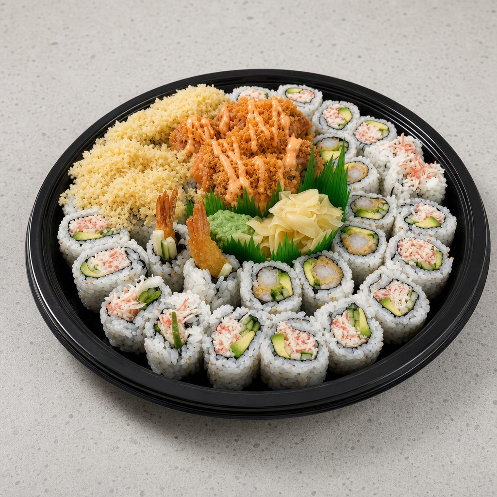 P1 (2 California Rolls, 1 Crab Crunch Roll, 1 Shrimp Tempura Roll, 1 Spicy Crab Crunch Roll).