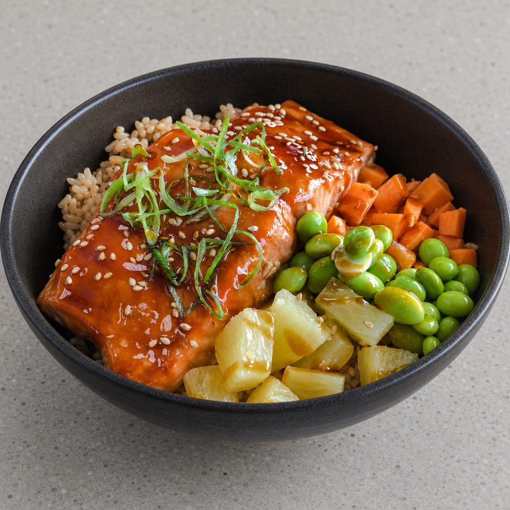 Salmon Teriyaki Over Fried Rice.