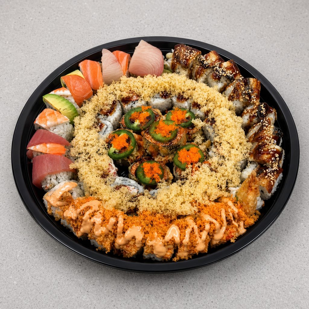 P4 (2 Crab Crunch Rolls, 1 Volcano Roll, 1 Rainbow Roll, 1 Dragon Roll, 1 Spicy Crab Crunch Roll).