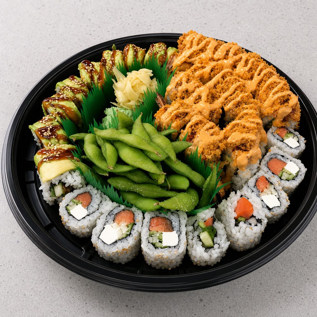 P2 (1 Caterpillar Roll, 1 Philadelphia Roll, 2 Spicy Crab Crunch Roll, Edamame).